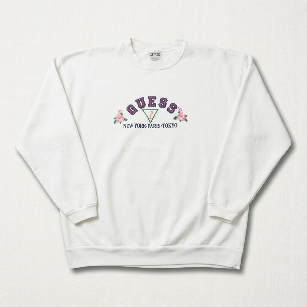 Vintage Guess Georges Marciano White Embroidered Floral Sweatshirt USA One Size
